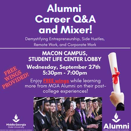 Alumni Career Q&A and Mixer graphic. 